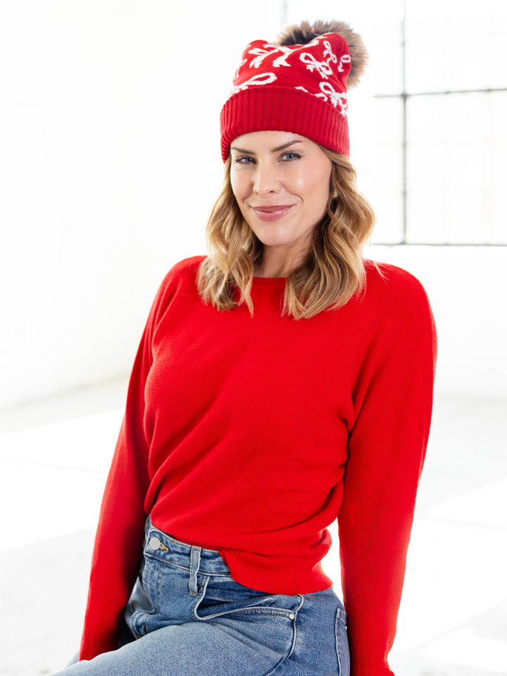 bright red waffle knit top