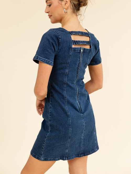 dark washed fitted denim mini dress