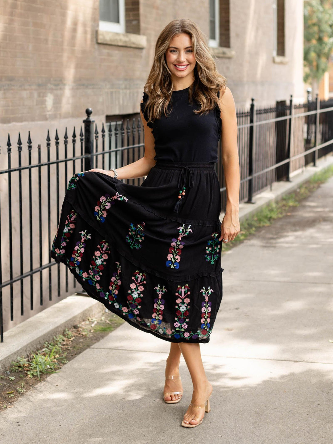colorful black maxi skirt