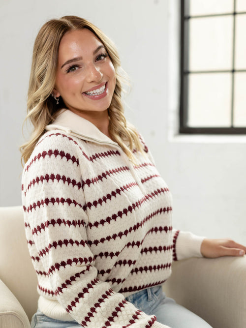 red stripe half zip sweater