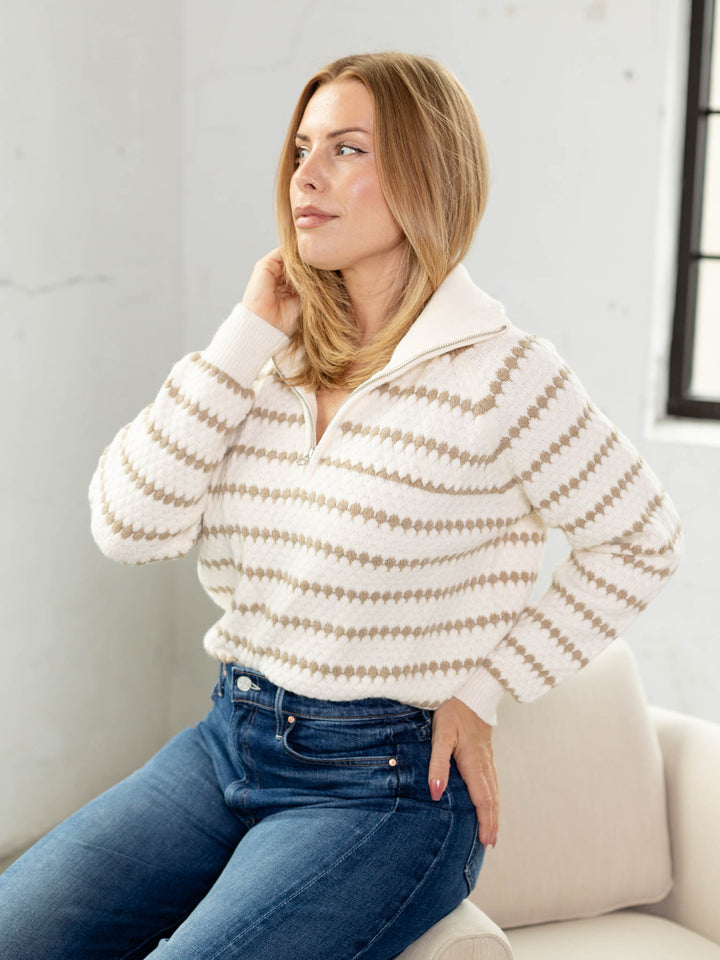 neutral stripe half zip sweater