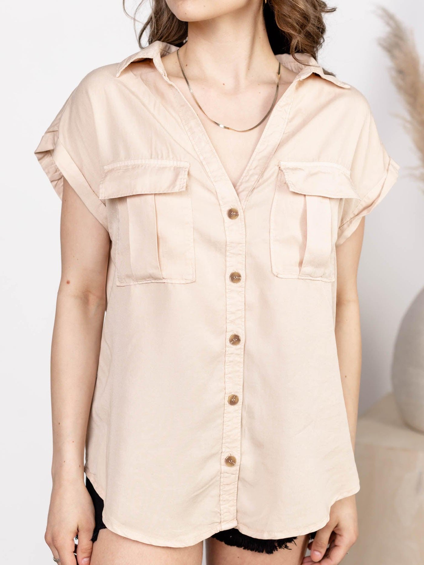 Button Up Tencel Short Sleeve Top
