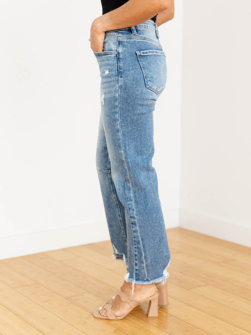distressed chewed hem washed medium denim