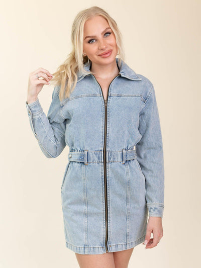 cinched waist denim dress