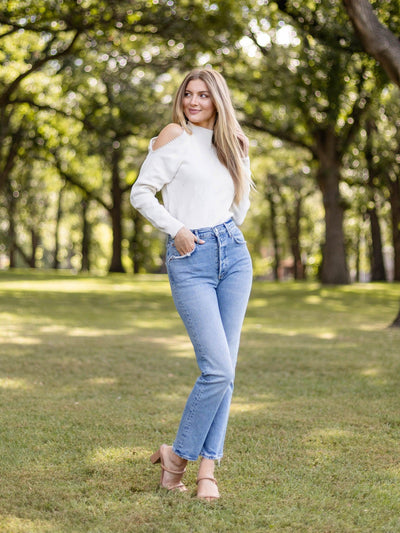 cold shoulder high neck sweater