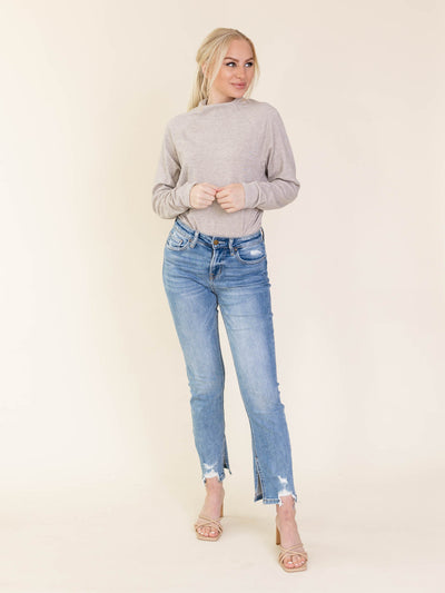 medium wash side slit denim