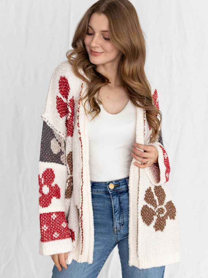 oversized terry knit floral print cardigan
