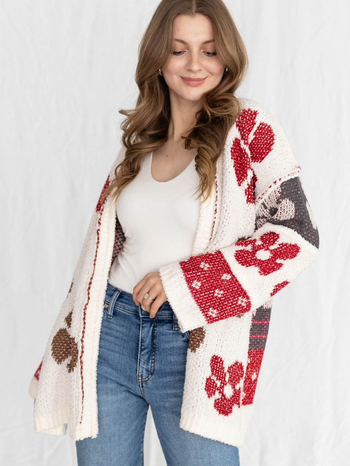 oversized terry knit floral print cardigan