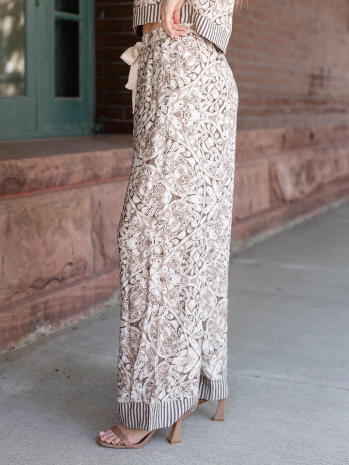 tan contrast printed wide leg pants
