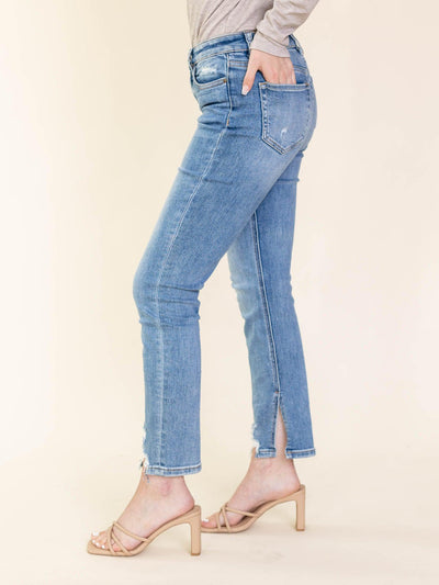 vintage wash distressed hem denim