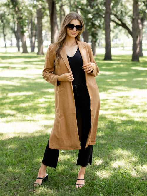 camel colored faux suede open duster