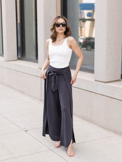 wide leg tie front top