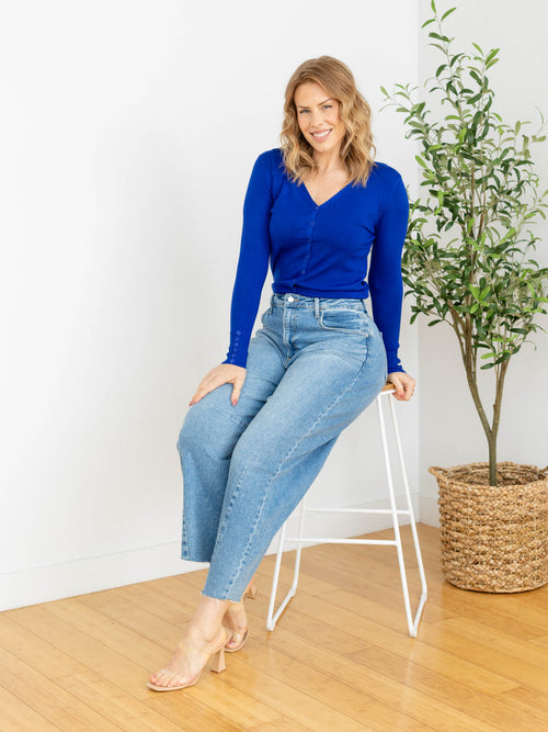 bright blue button down cardigan