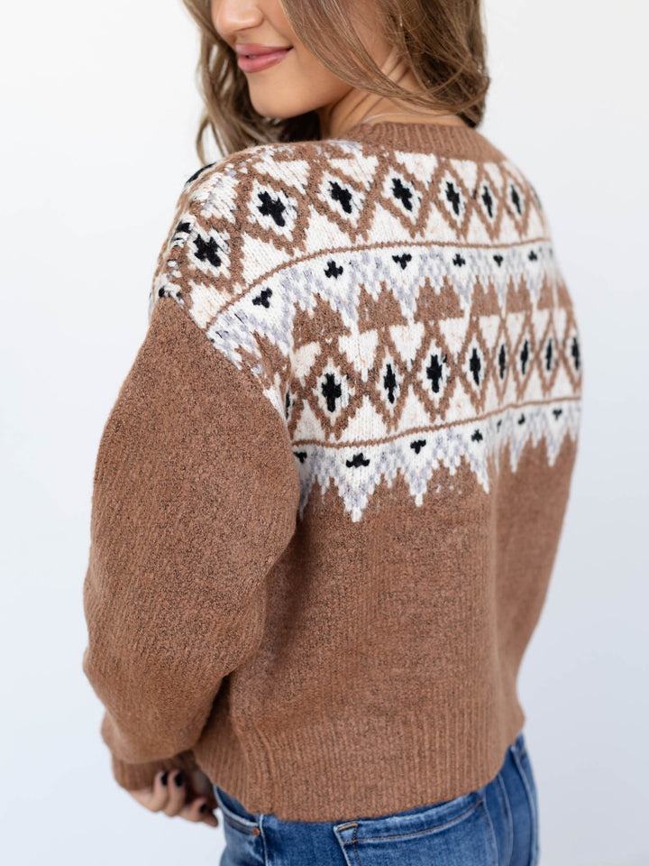 brown fuzzy fair isle sweater