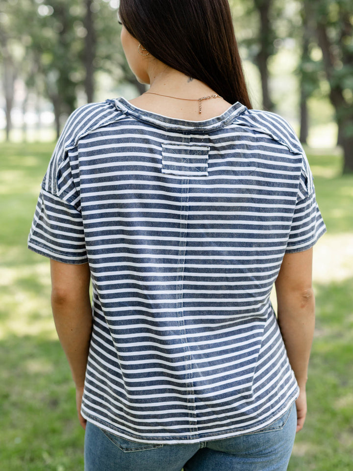 navy and white stripe tee