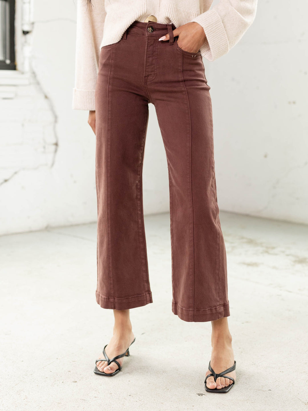 brown cropped wide leg denim