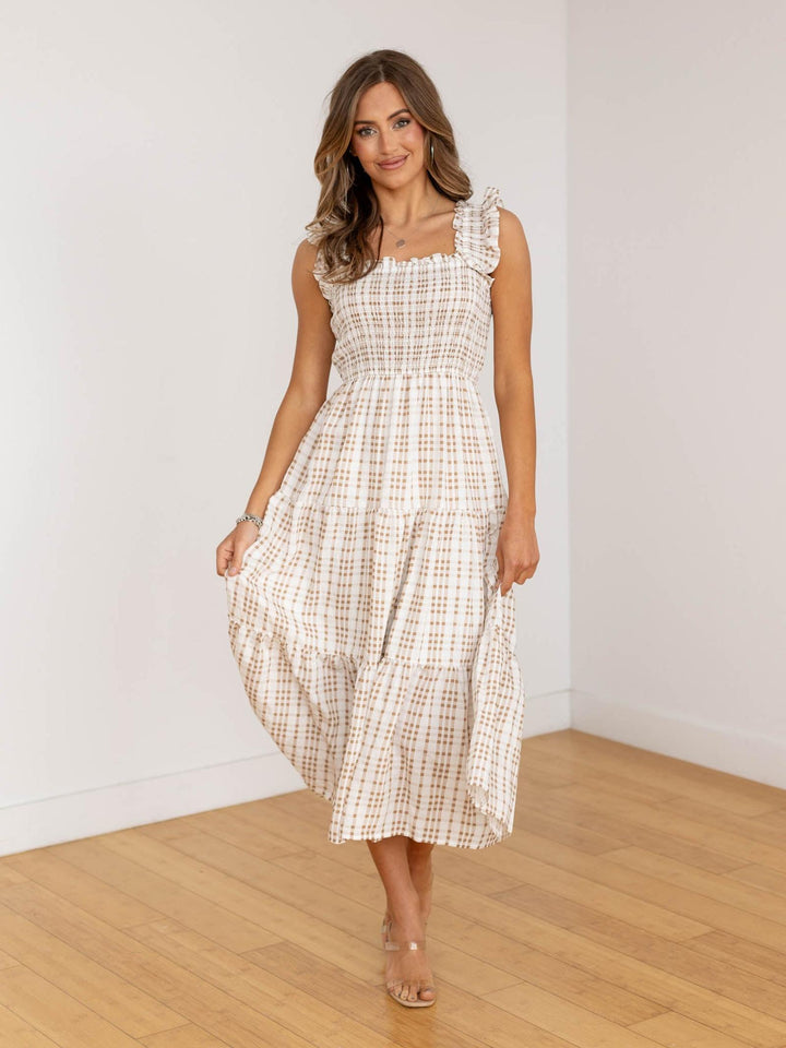 Plaid Smocked Ruffle Strap Midi Dress