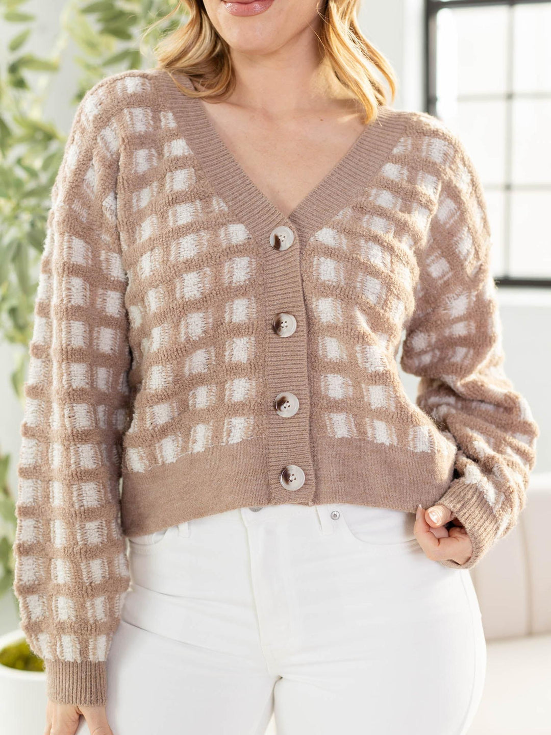 tan checkered v neck cardigan