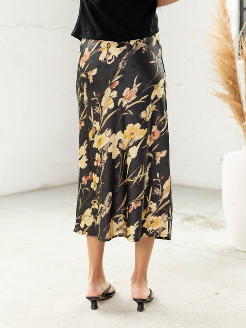 satin floral midi skirt