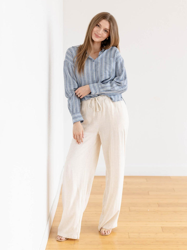 washed blue stripe button down top