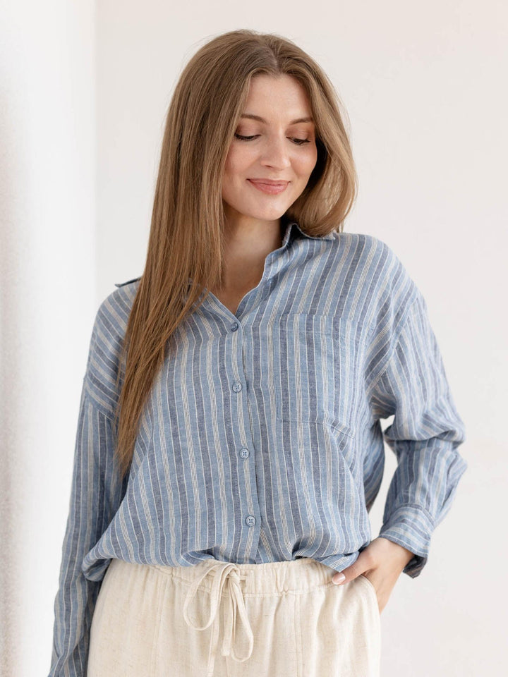 washed blue stripe button down top