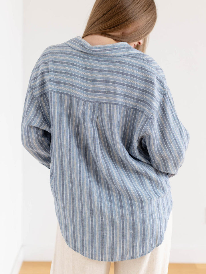 washed blue stripe button down top