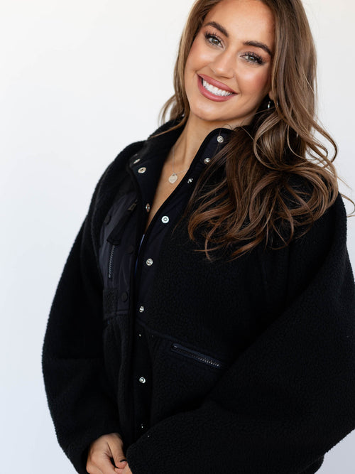 black button front sherpa teddy jacket