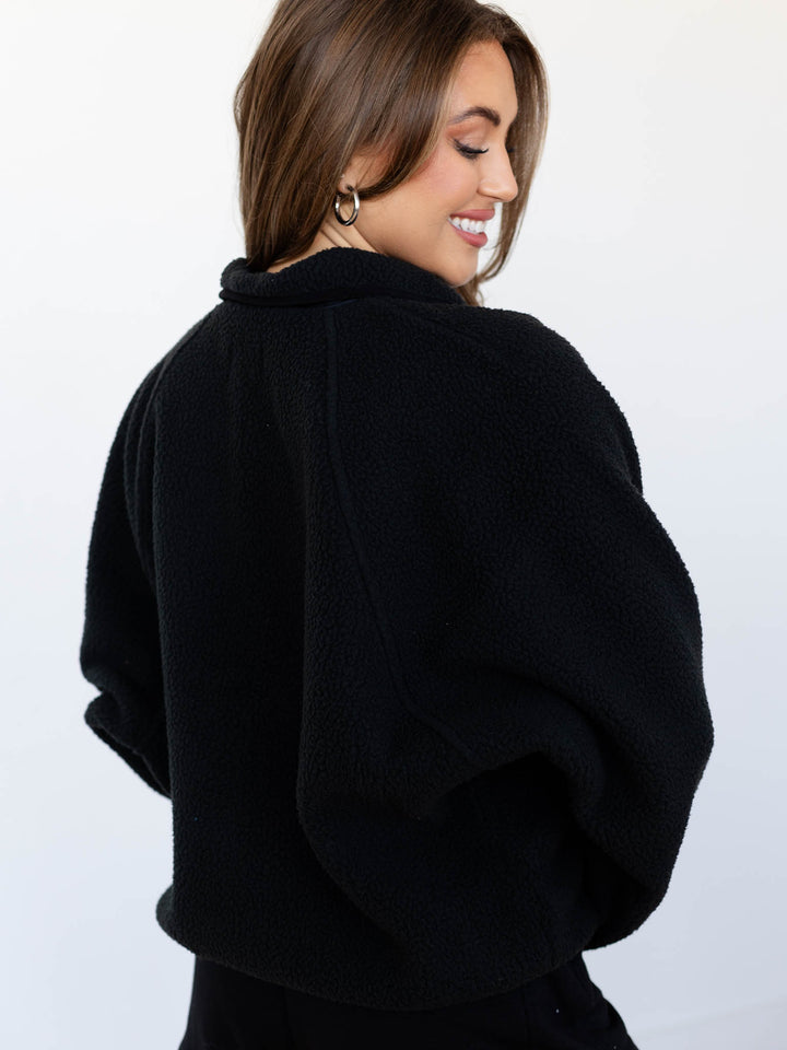 black button front sherpa teddy jacket