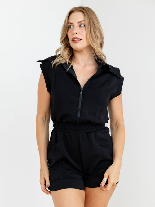 black soft half zip romper