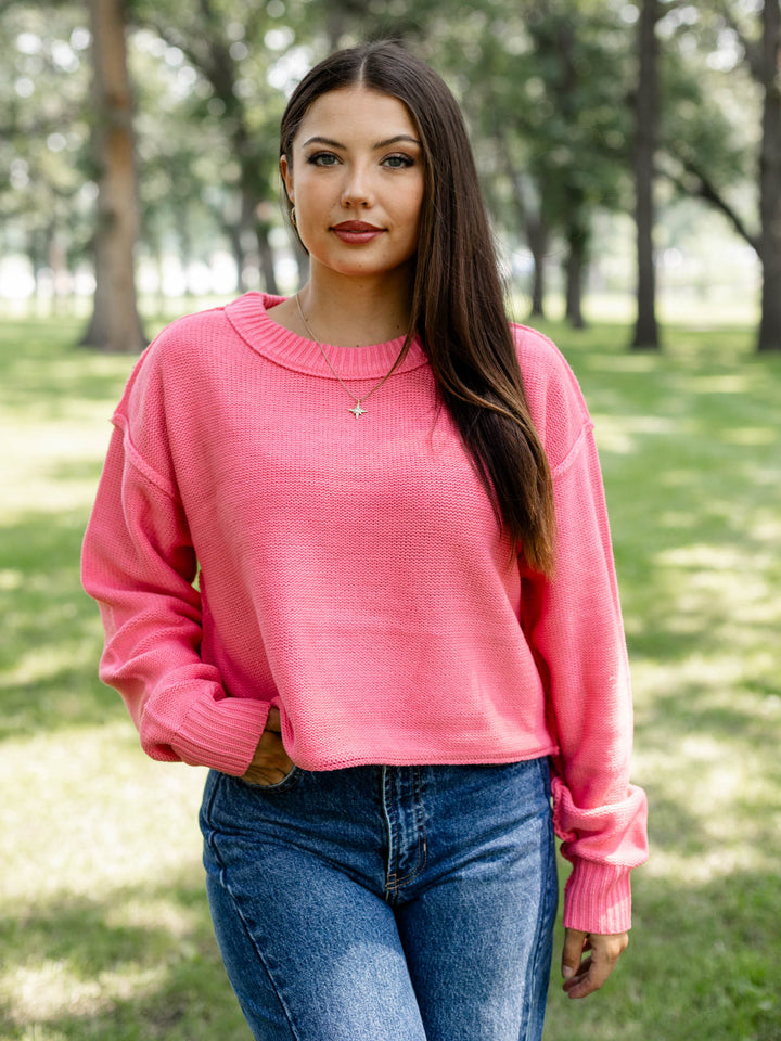 hot pink drop shoulder boxy sweater