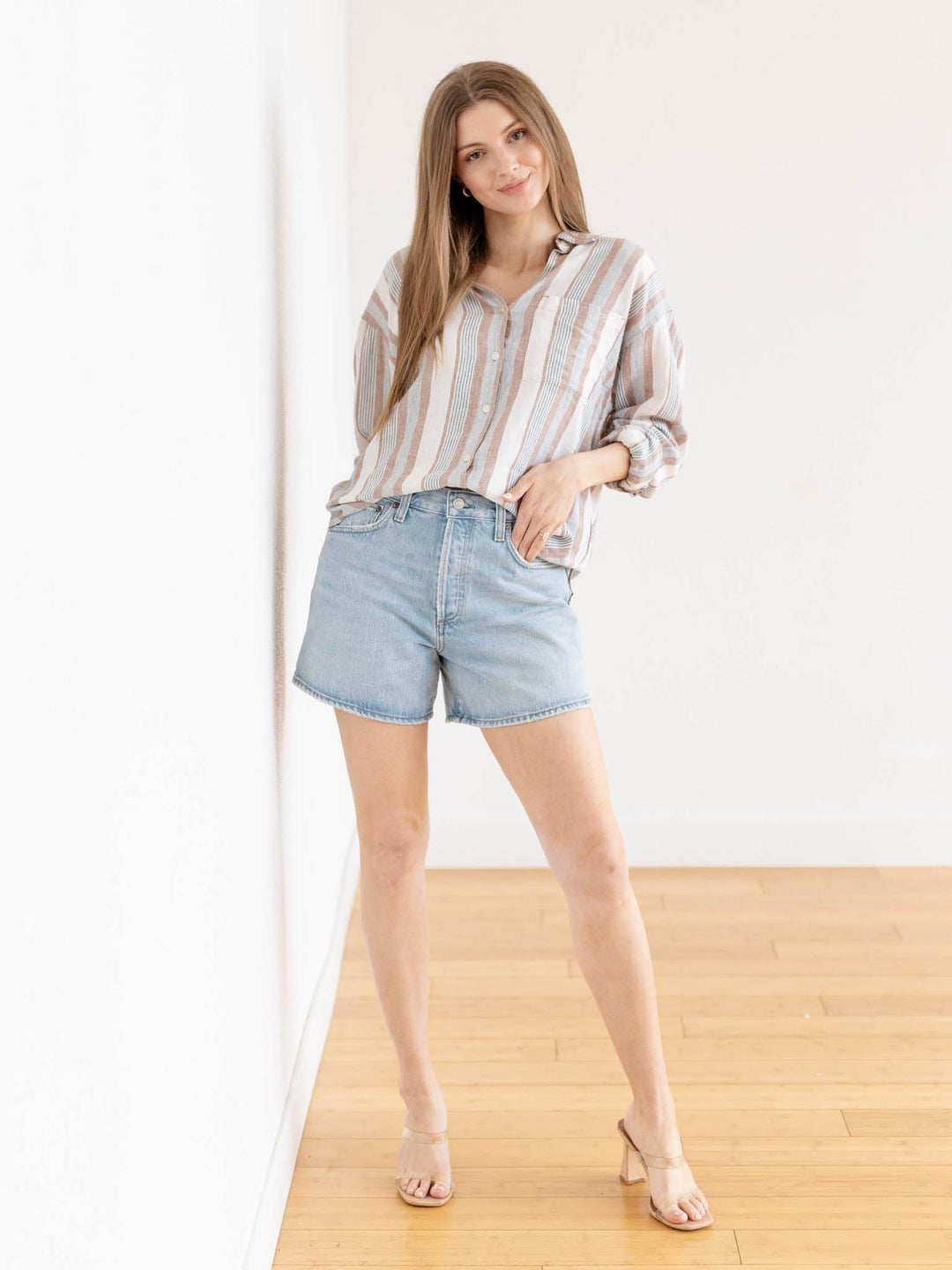 neutral washed stripe button down