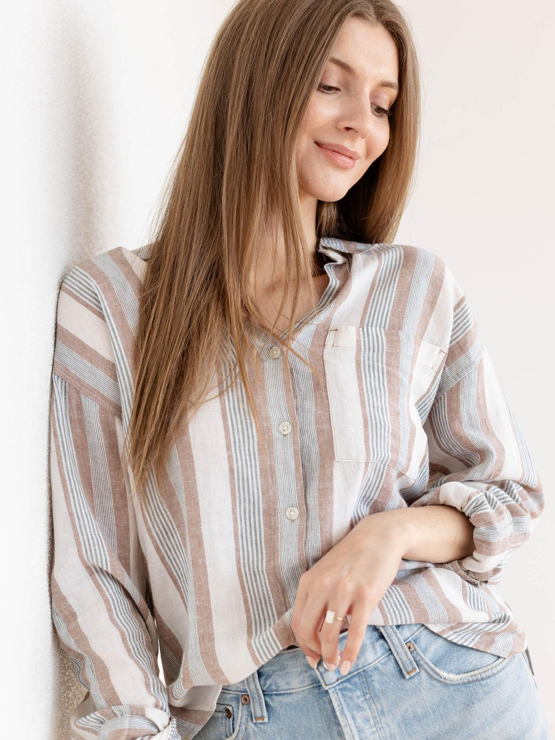 neutral washed stripe button down