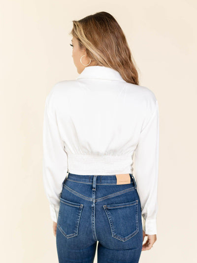 smocked back white blouse