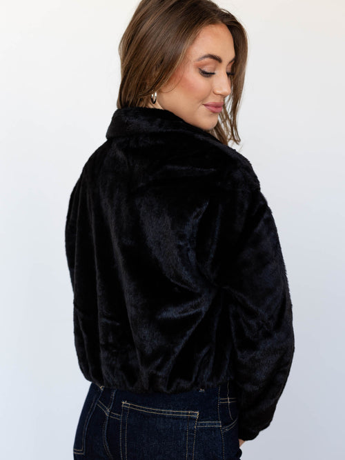 black faux fur zip front jacket