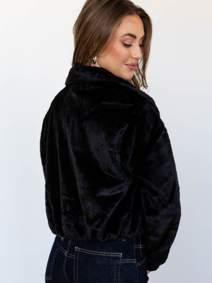 black faux fur zip front jacket