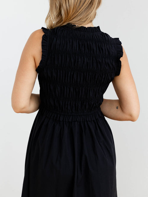 black smocked tie front midi dress