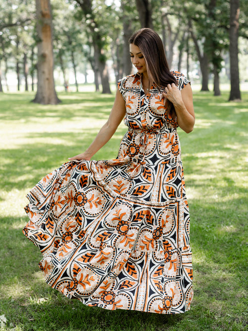 rust pattern tiered dress