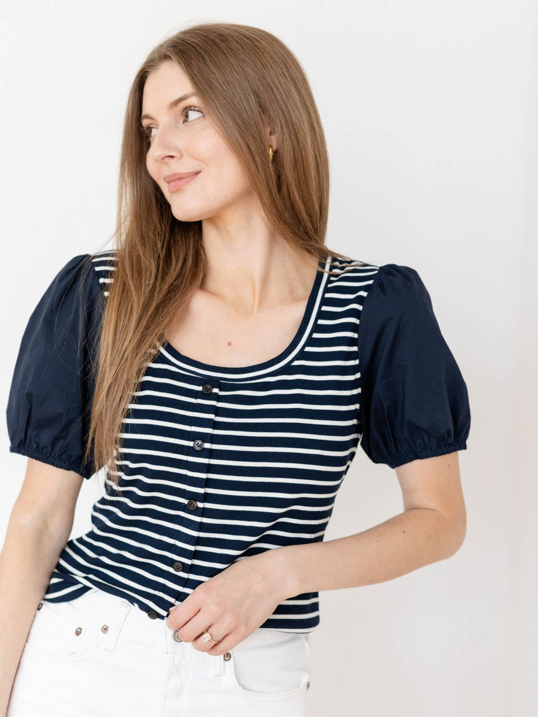 navy and white stripe puff sleeve top