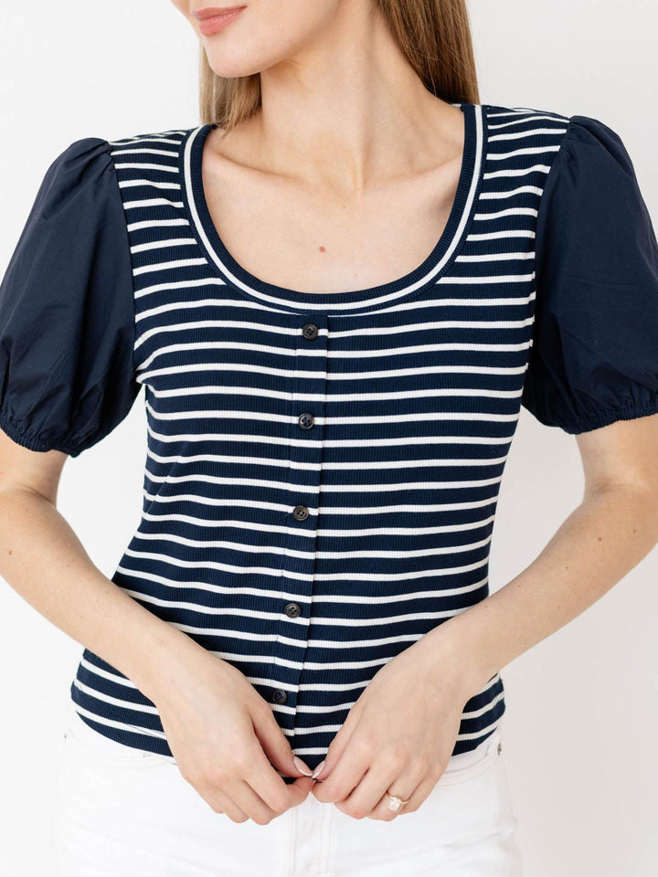 navy and white stripe puff sleeve top