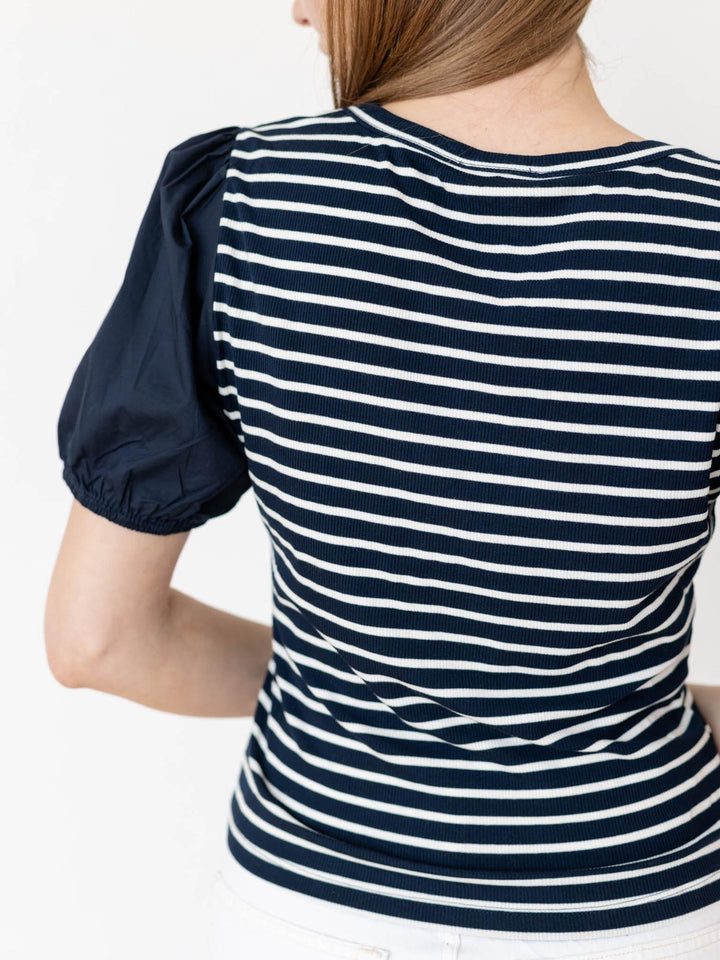 navy and white stripe puff sleeve top
