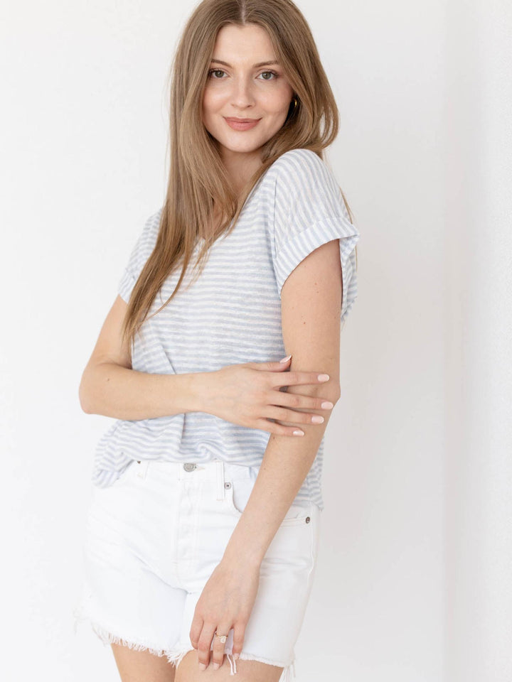 light colored v-neck stripe tee