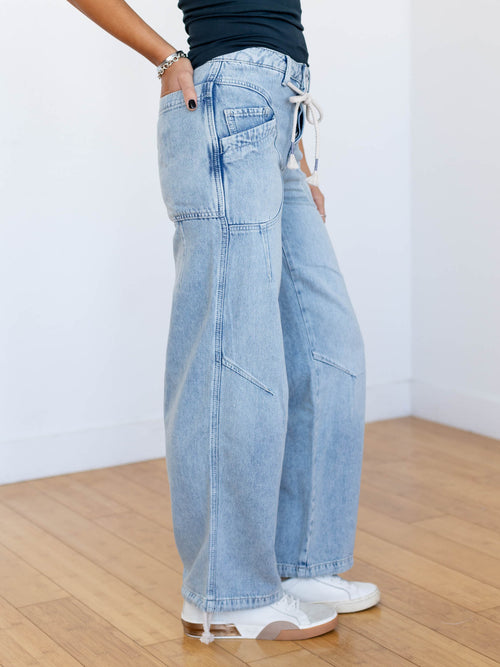 drawstring waist light wash jeans