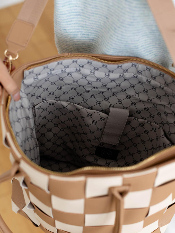 Brown and beige checkered bag with gray interior lining