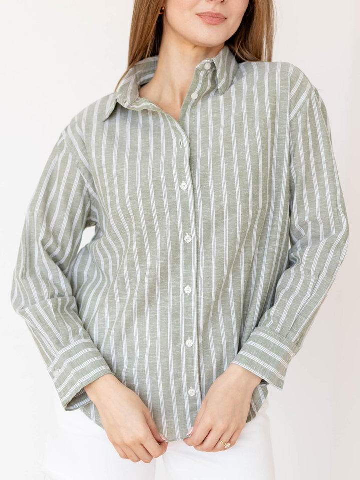 striped linen blend button down