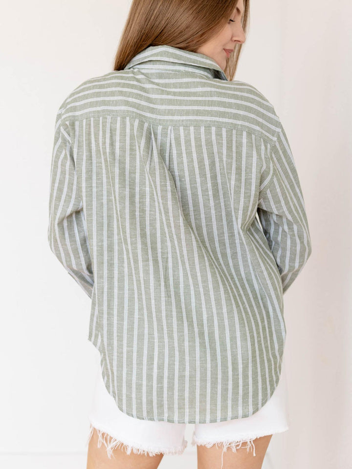 striped linen blend button down