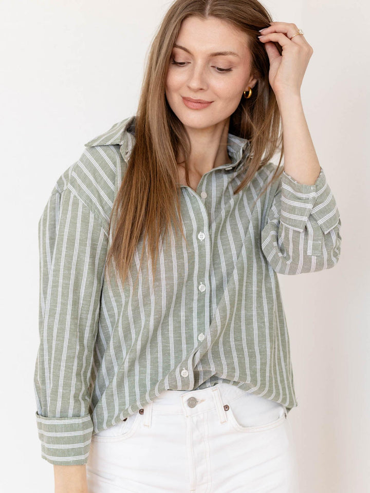 striped linen blend button down