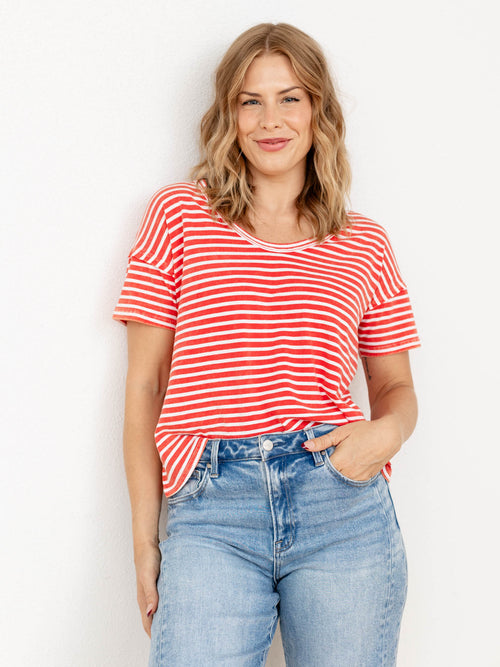 red and white striped tee