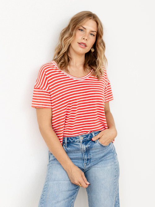 red and white striped tee