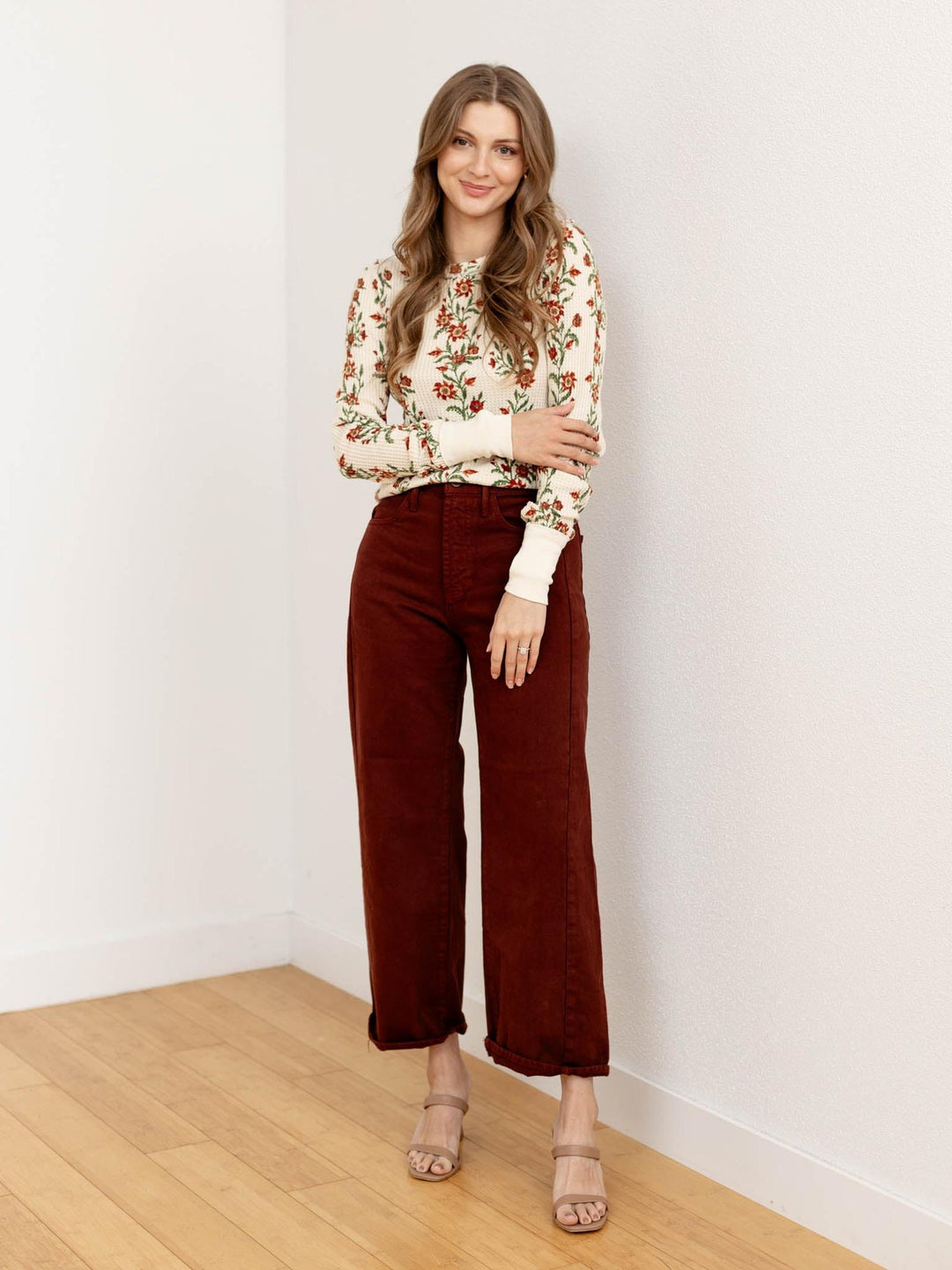 cinnamon colored barrel denim