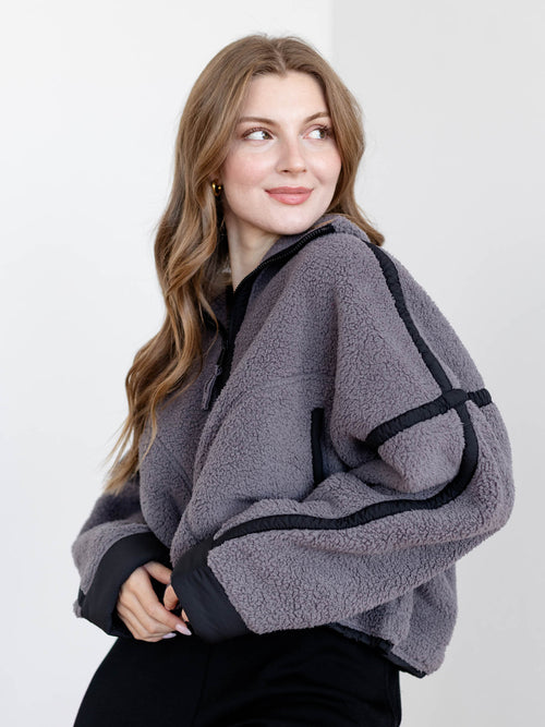 grey and black trim sherpa sweatshirt